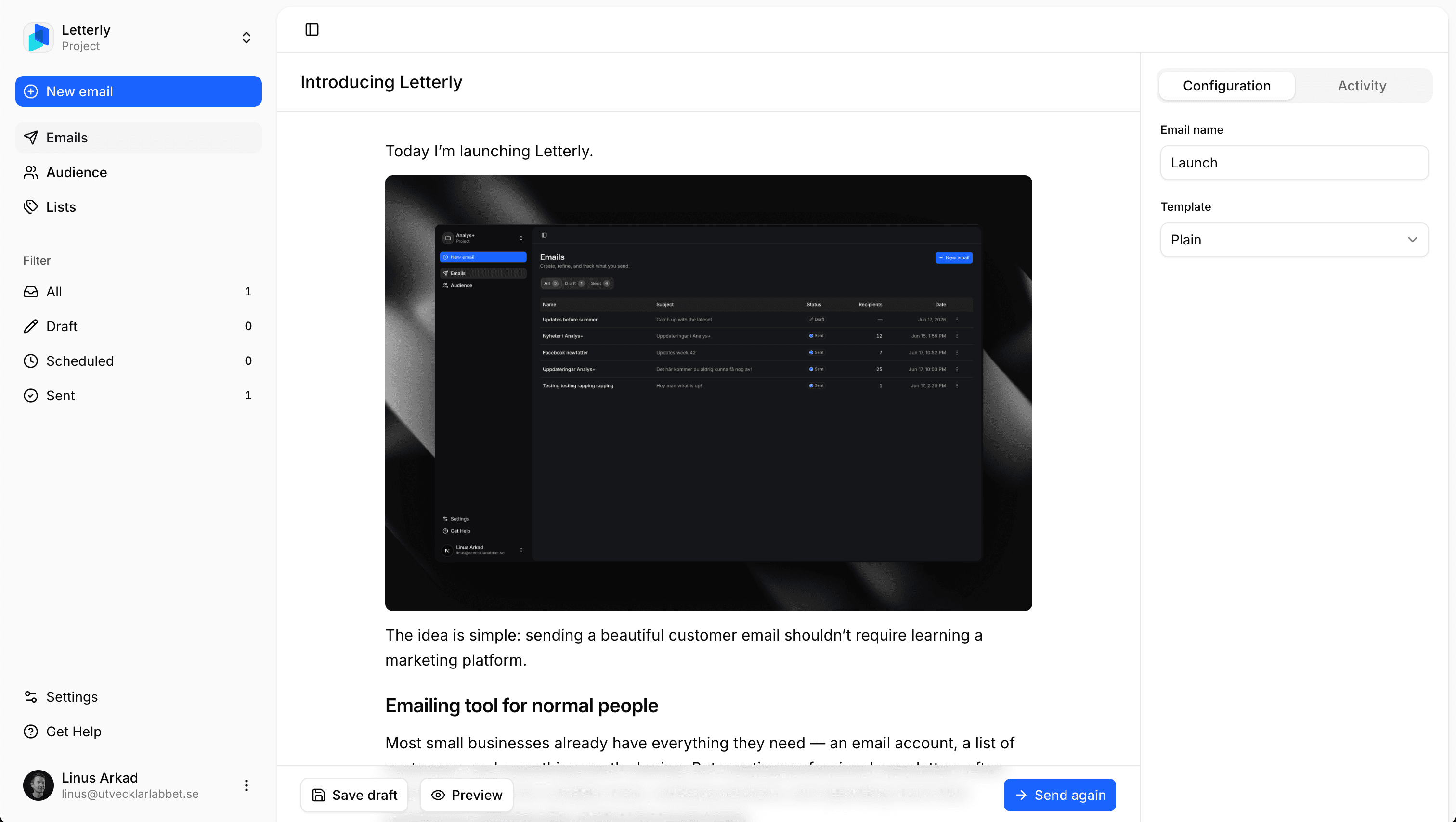 The Letterly composer, with an email being written next to its send settings